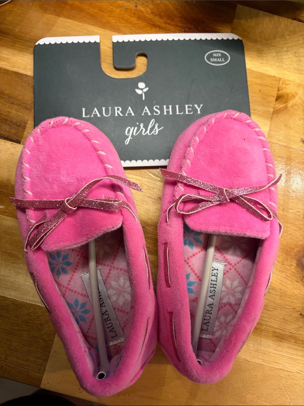 Laura Ashley Girls Bright Pink Suede Moccasin Slippers with Glitter Bow